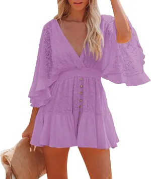 Summer Dresses for Women 2025 Elegant Deep V Neck Beach Vacation Sundresses Lace Ruffle Casual Flowy A Line Dress