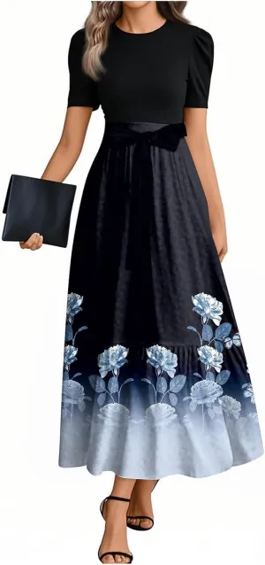 Summer Dresses for Women 2025 Short Sleeve Flowy Maxi Dress Casual Patchwork A Line Elegant Sundresses