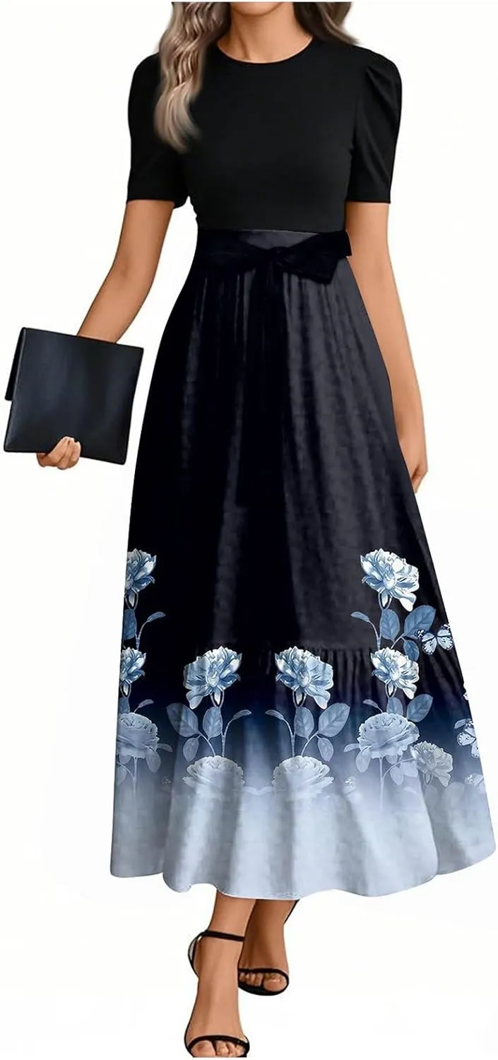 Summer Dresses for Women 2025 Short Sleeve Flowy Maxi Dress Casual Patchwork A Line Elegant Sundresses