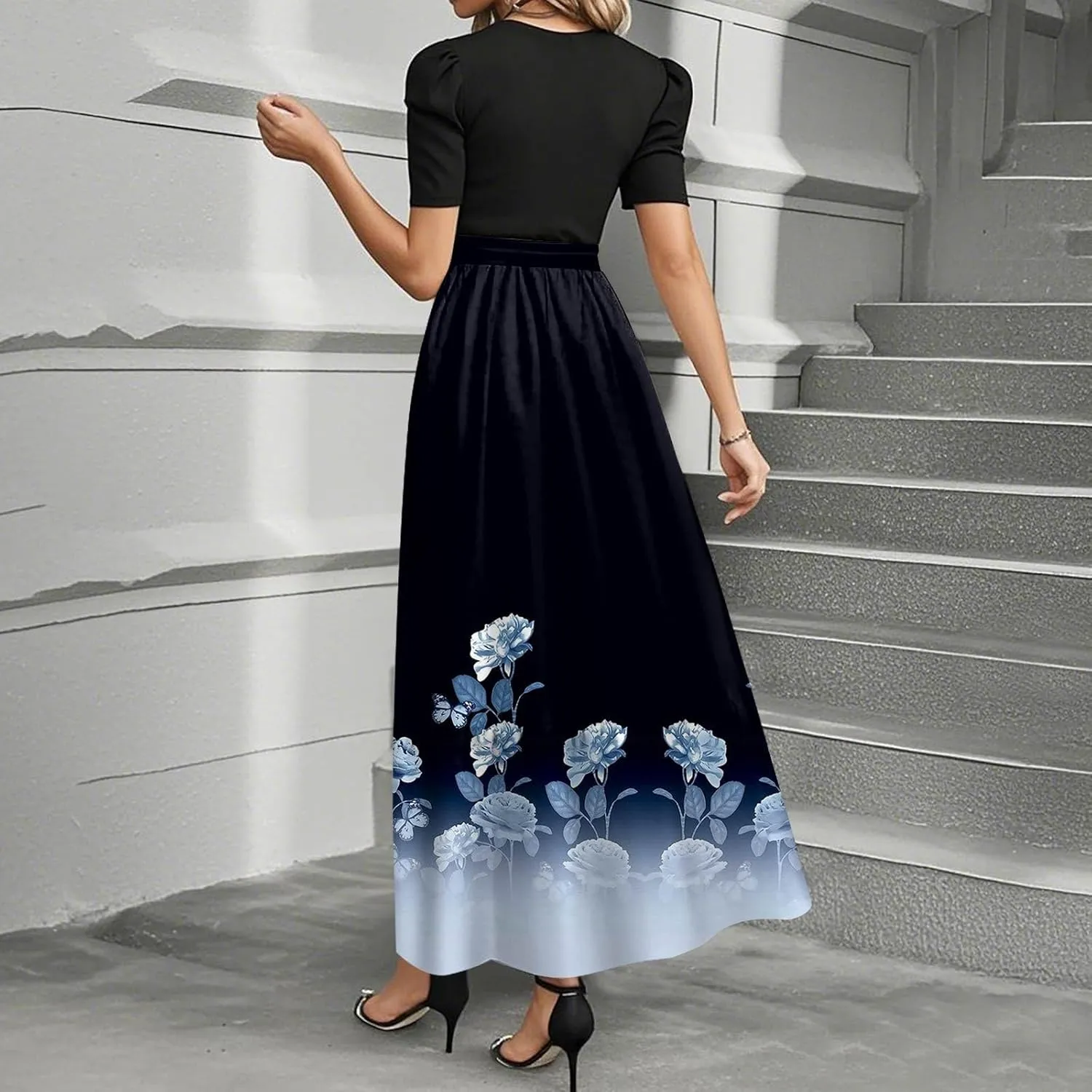 Summer Dresses for Women 2025 Short Sleeve Flowy Maxi Dress Casual Patchwork A Line Elegant Sundresses
