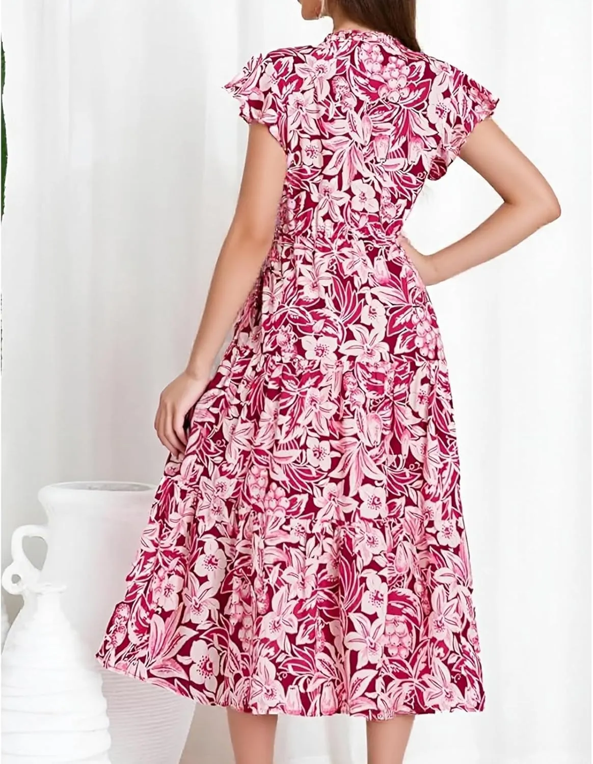 Summer Dresses for Women 2025 Vacation Midi V Neck Short Sleeve Tie Floral Dress Flowy Beach Sundress with Pockets