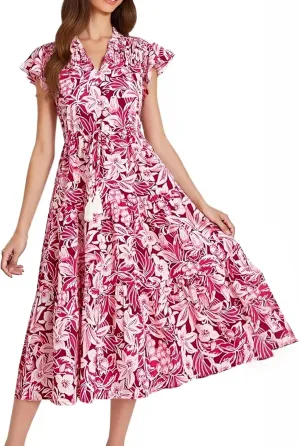 Summer Dresses for Women 2025 Vacation Midi V Neck Short Sleeve Tie Floral Dress Flowy Beach Sundress with Pockets
