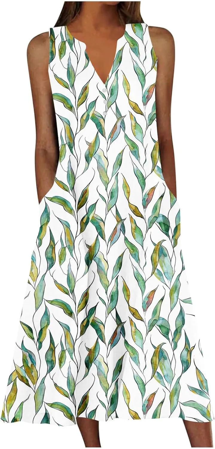 Summer Dresses for Women Beach Long Sundress Button V Neck Casual Swing Tank Dress Flowy Boho Dress with Pockets