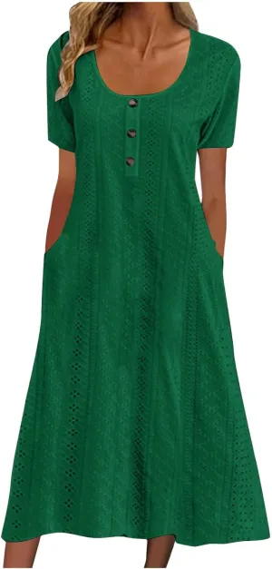 Summer Midi Dresses for Women Trendy Short Sleeve Boho Eyelet Dresses Flowy Casual Swing Beach Sundress with Pockets