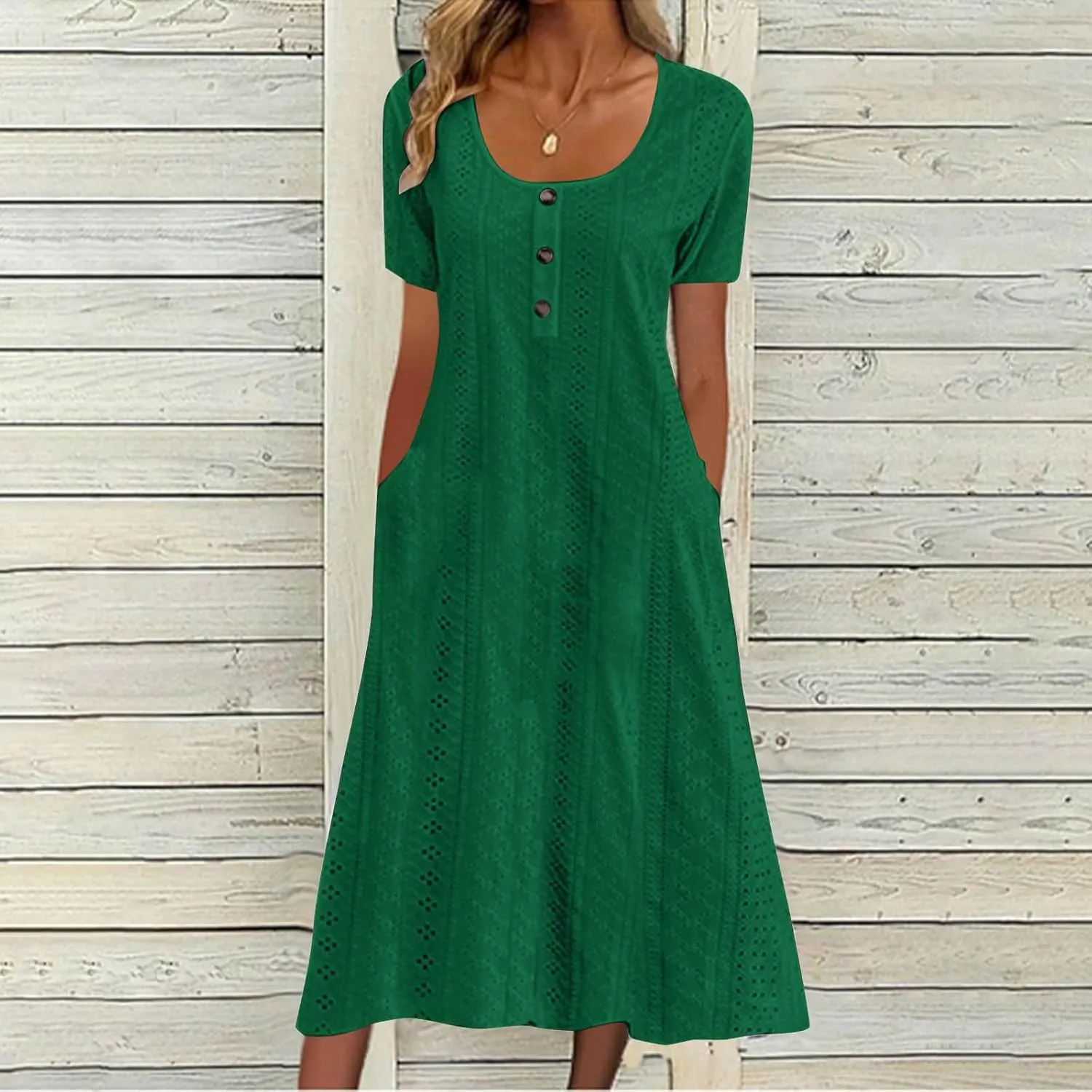 Summer Midi Dresses for Women Trendy Short Sleeve Boho Eyelet Dresses Flowy Casual Swing Beach Sundress with Pockets