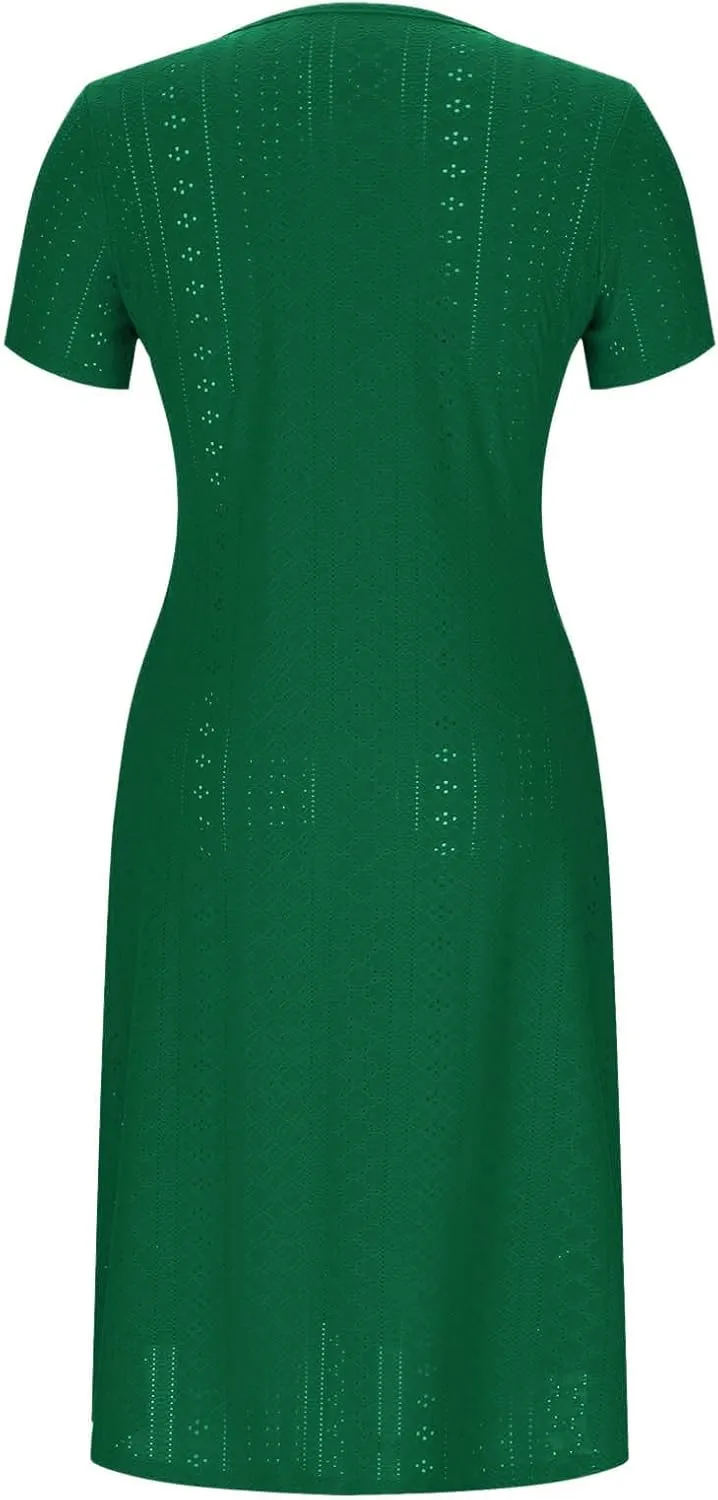 Summer Midi Dresses for Women Trendy Short Sleeve Boho Eyelet Dresses Flowy Casual Swing Beach Sundress with Pockets