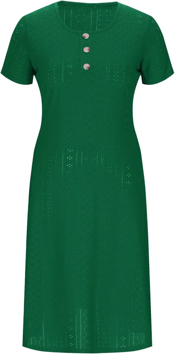 Summer Midi Dresses for Women Trendy Short Sleeve Boho Eyelet Dresses Flowy Casual Swing Beach Sundress with Pockets
