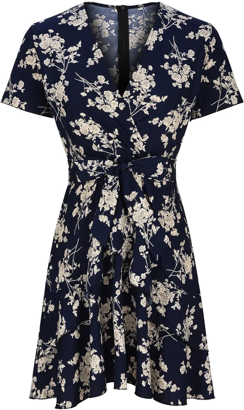Summer Mini Dress for Women 2024 Sexy V Neck Wrap Dresses Flowy Ruffle Layered Sundress Floral Boho Tie Waist Dress