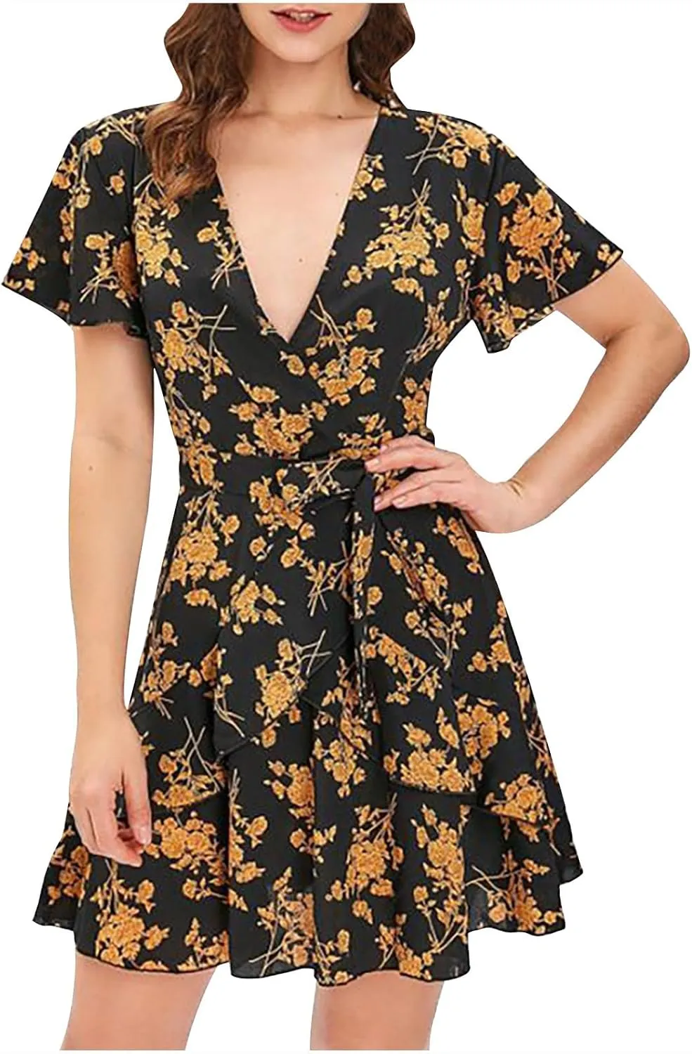 Summer Mini Dress for Women 2024 Sexy V Neck Wrap Dresses Flowy Ruffle Layered Sundress Floral Boho Tie Waist Dress