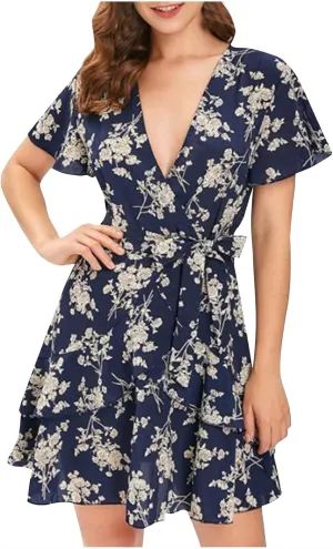 Summer Mini Dress for Women 2024 Sexy V Neck Wrap Dresses Flowy Ruffle Layered Sundress Floral Boho Tie Waist Dress