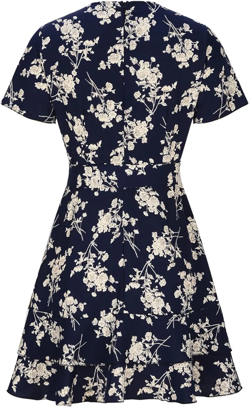 Summer Mini Dress for Women 2024 Sexy V Neck Wrap Dresses Flowy Ruffle Layered Sundress Floral Boho Tie Waist Dress