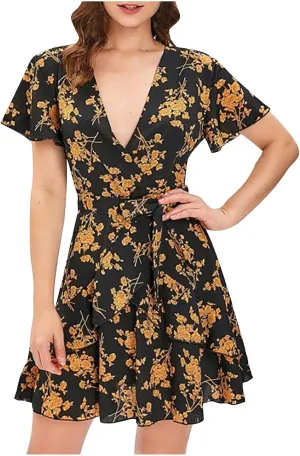 Summer Mini Dress for Women 2024 Sexy V Neck Wrap Dresses Flowy Ruffle Layered Sundress Floral Boho Tie Waist Dress