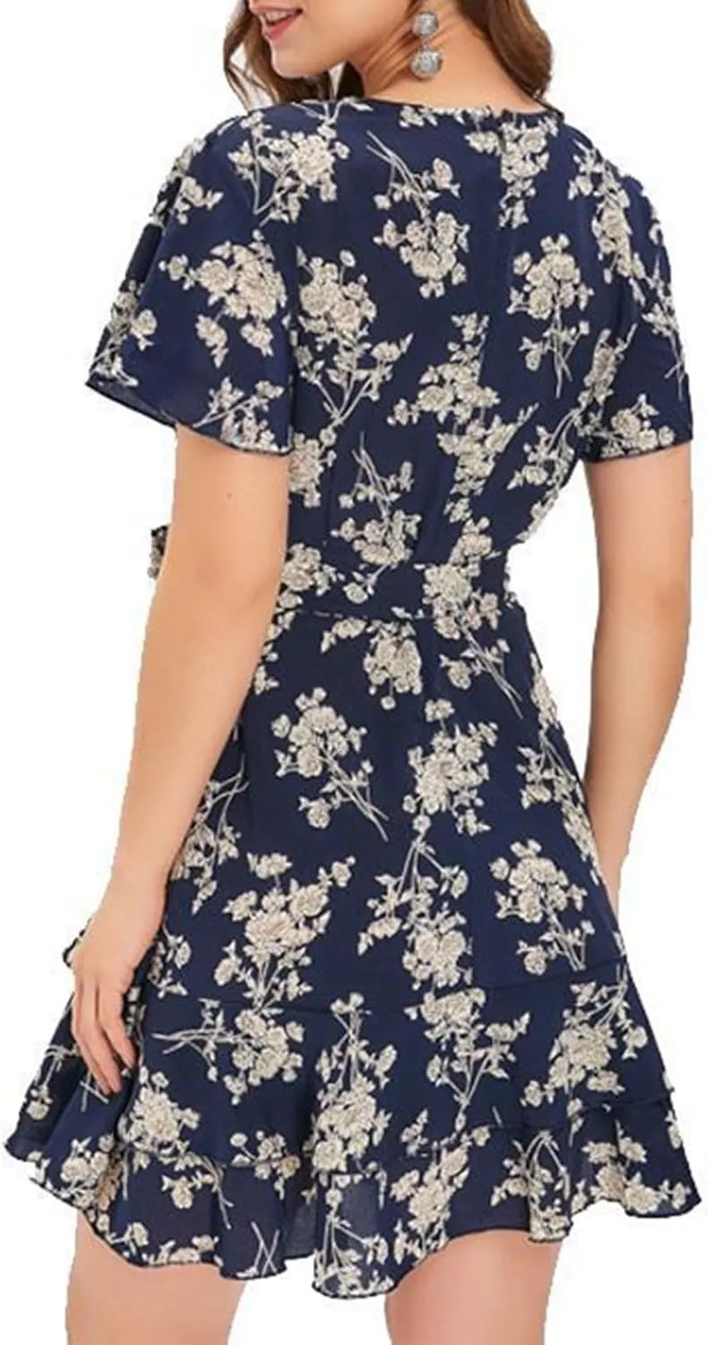 Summer Mini Dress for Women 2024 Sexy V Neck Wrap Dresses Flowy Ruffle Layered Sundress Floral Boho Tie Waist Dress