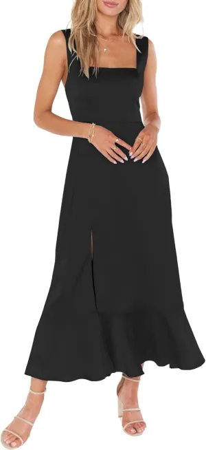 Summer Wedding Guest Dress: Womens Boho Side Split Maxi Beach Dress - Flowy Long Sundress for Vacation Party SE2311
