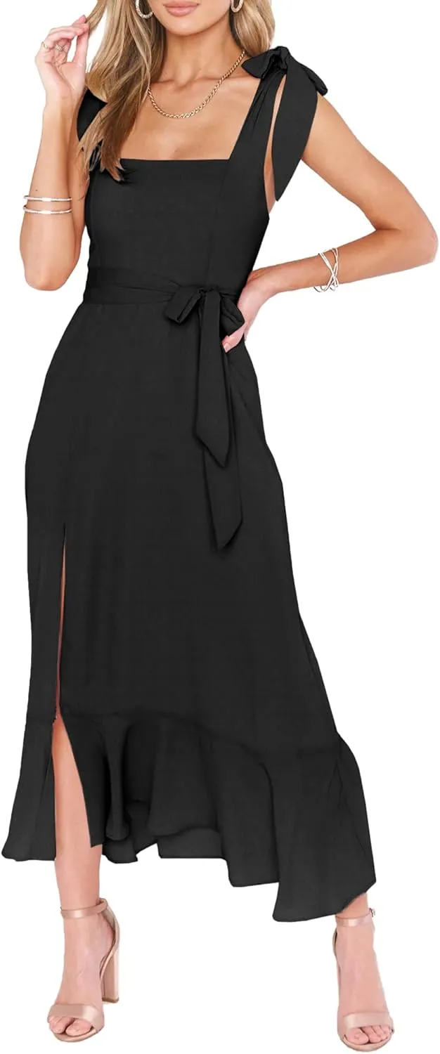 Summer Wedding Guest Dress: Womens Boho Side Split Maxi Beach Dress - Flowy Long Sundress for Vacation Party SE2311
