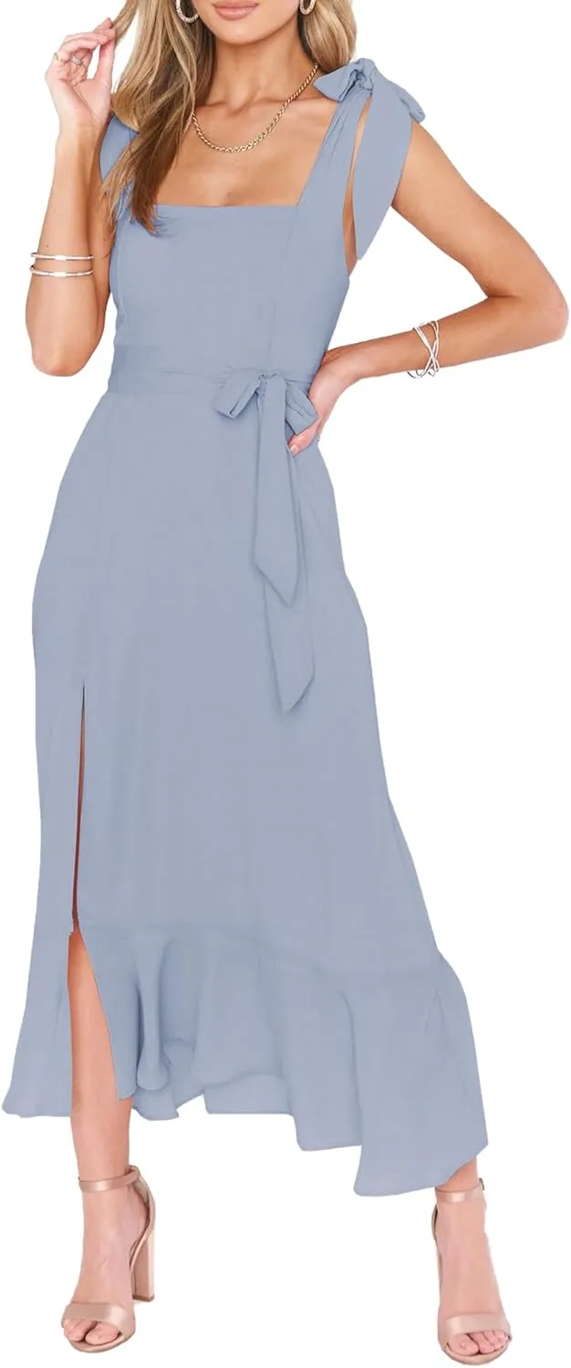 Summer Wedding Guest Dress: Womens Boho Side Split Maxi Beach Dress - Flowy Long Sundress for Vacation Party SE2311