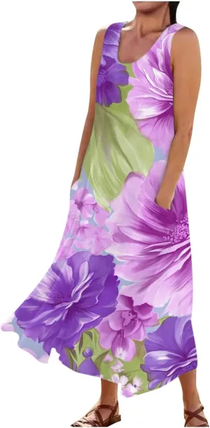 Sundresses for Womens Casual Sleeveless Cotton Linen Long Dress Flowy Beach Floral Print Dresses with Pockets