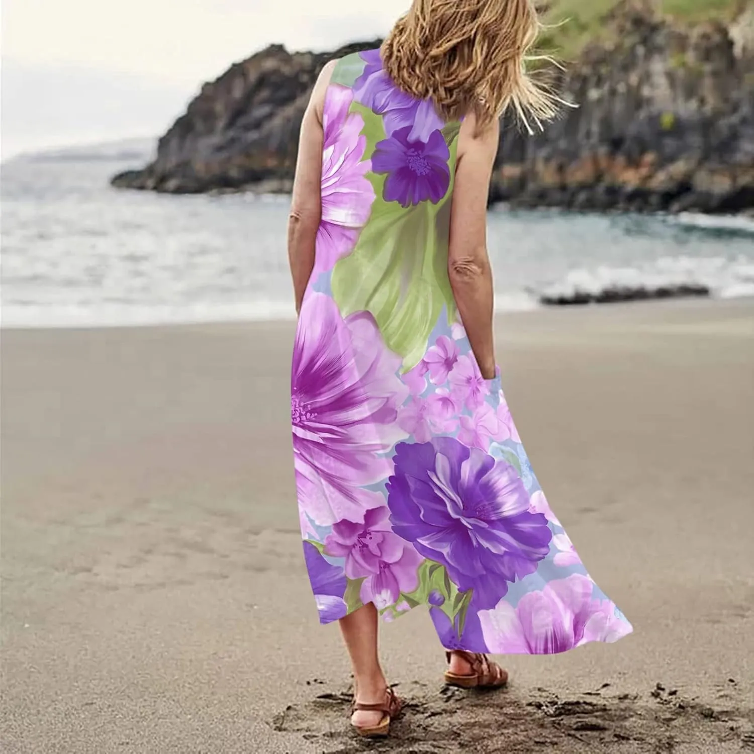 Sundresses for Womens Casual Sleeveless Cotton Linen Long Dress Flowy Beach Floral Print Dresses with Pockets