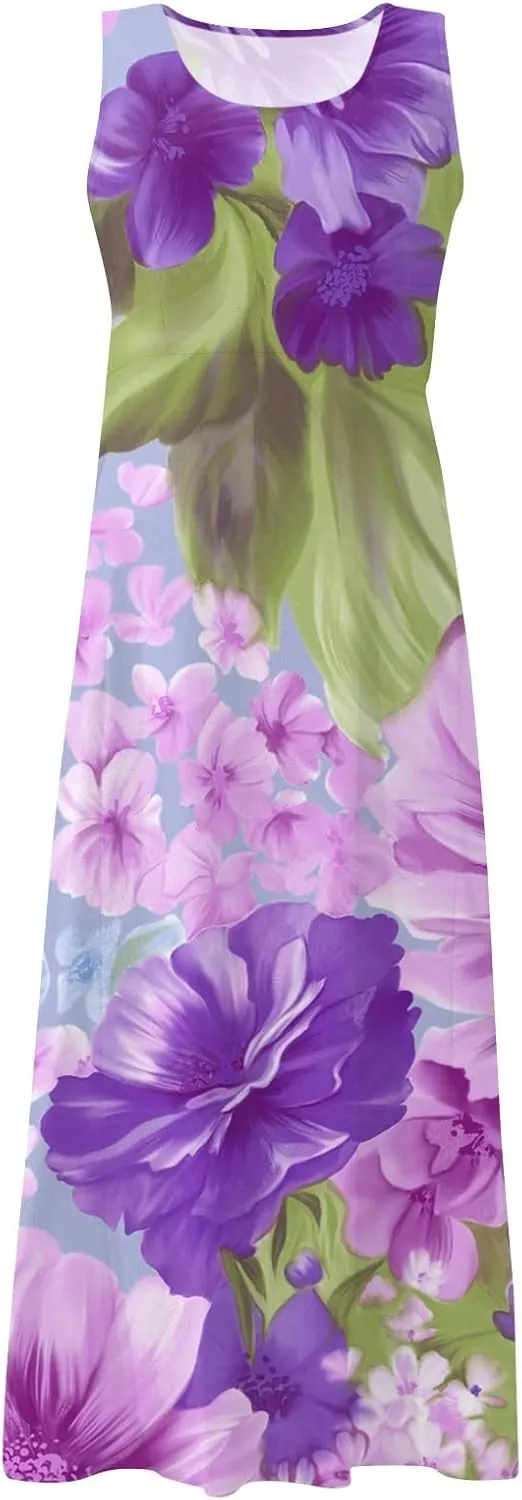 Sundresses for Womens Casual Sleeveless Cotton Linen Long Dress Flowy Beach Floral Print Dresses with Pockets
