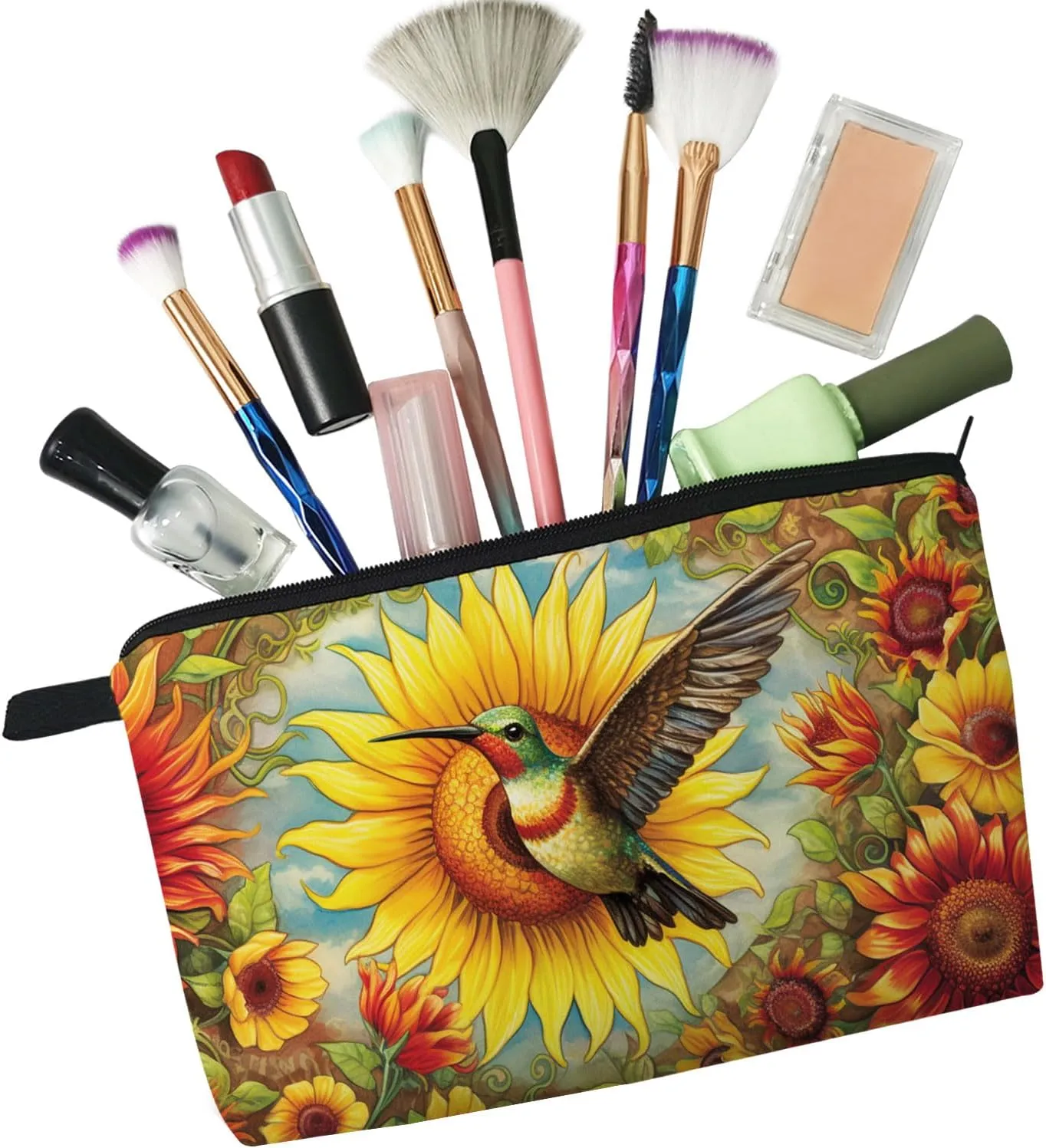 Sunflower Hummingbird Makeup Bag Floral Hummingbird Cute Small Organizer Bag Zipper Pouch Retro Sunflower Hummingbird Cosmetic Bag Present for Women Friends