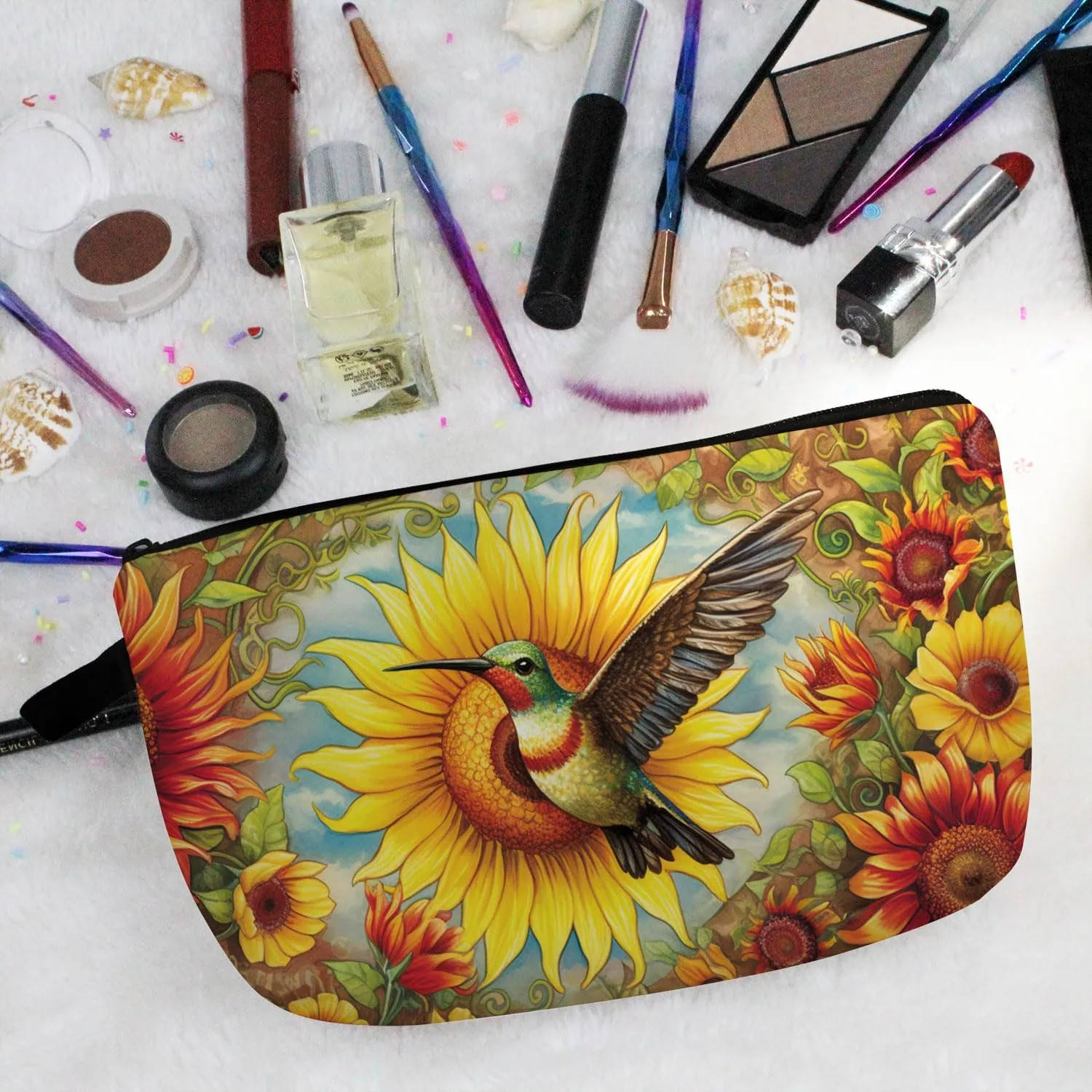 Sunflower Hummingbird Makeup Bag Floral Hummingbird Cute Small Organizer Bag Zipper Pouch Retro Sunflower Hummingbird Cosmetic Bag Present for Women Friends