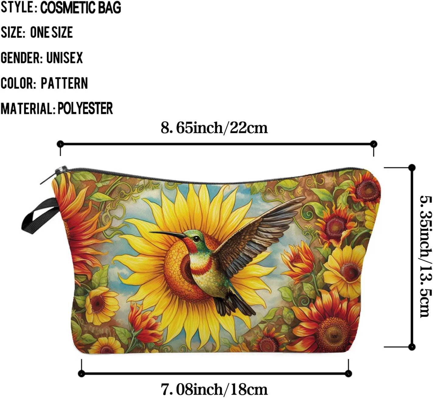 Sunflower Hummingbird Makeup Bag Floral Hummingbird Cute Small Organizer Bag Zipper Pouch Retro Sunflower Hummingbird Cosmetic Bag Present for Women Friends