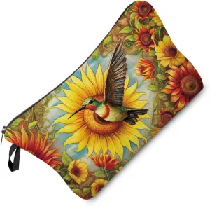 Sunflower Hummingbird Makeup Bag Floral Hummingbird Cute Small Organizer Bag Zipper Pouch Retro Sunflower Hummingbird Cosmetic Bag Present for Women Friends