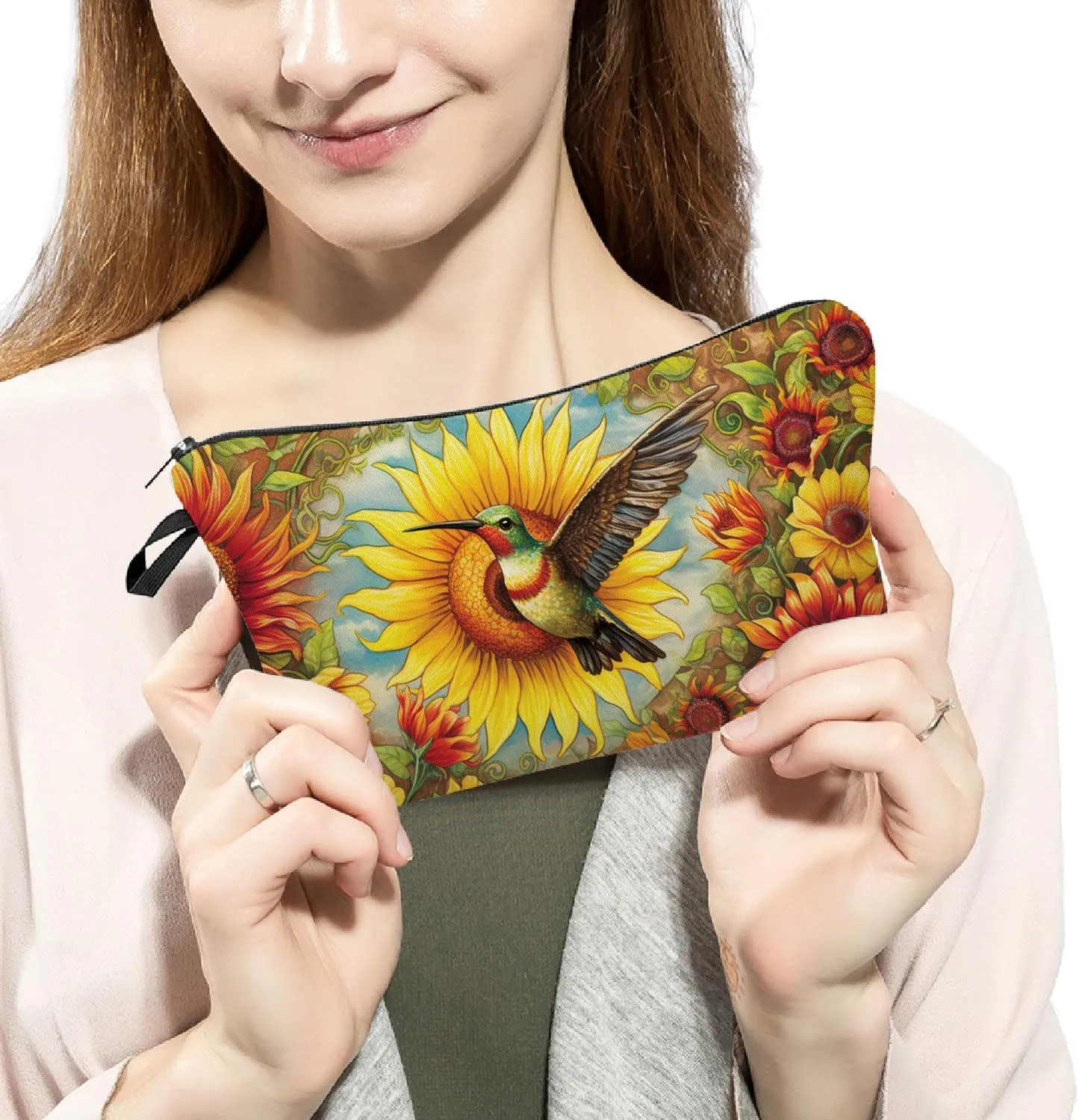 Sunflower Hummingbird Makeup Bag Floral Hummingbird Cute Small Organizer Bag Zipper Pouch Retro Sunflower Hummingbird Cosmetic Bag Present for Women Friends