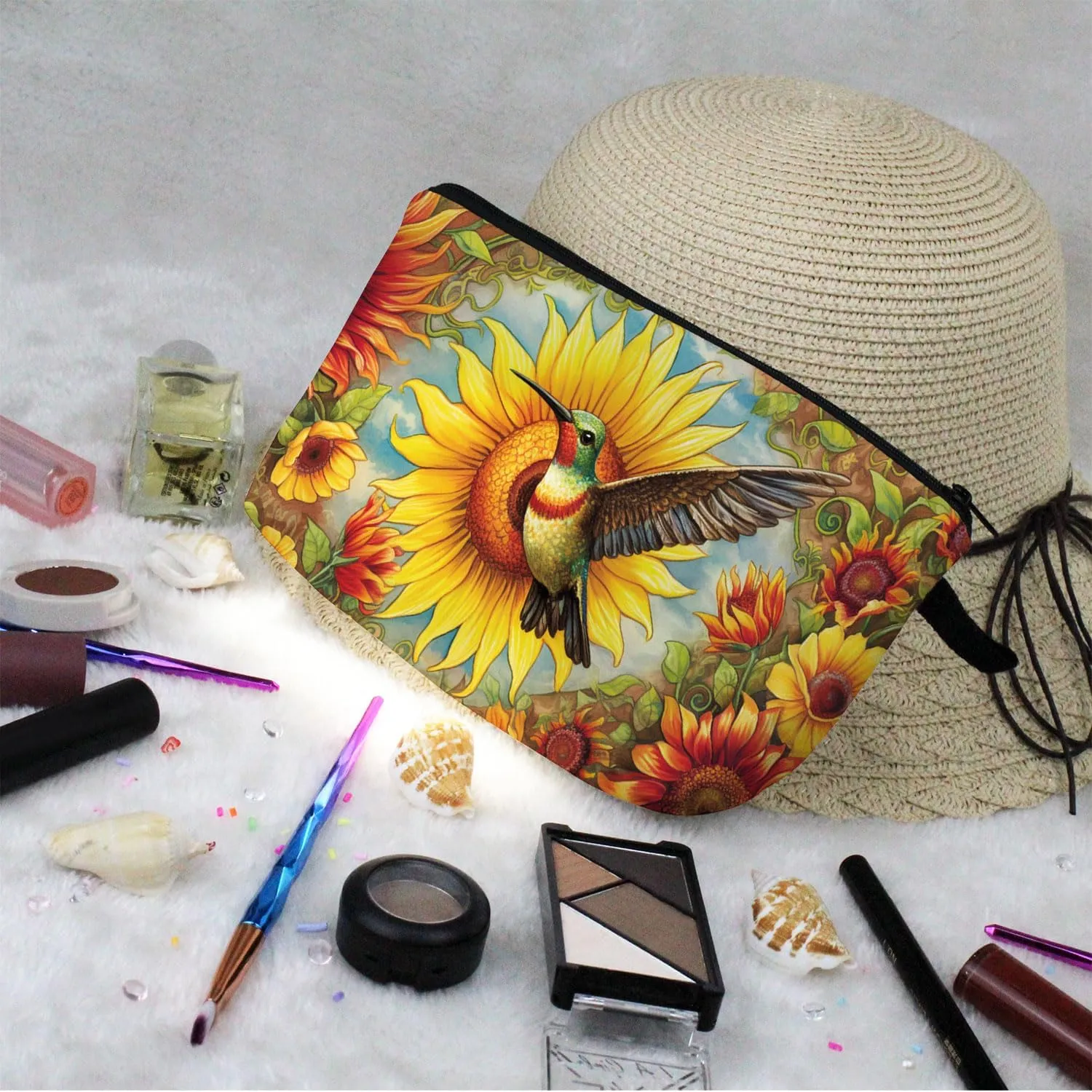 Sunflower Hummingbird Makeup Bag Floral Hummingbird Cute Small Organizer Bag Zipper Pouch Retro Sunflower Hummingbird Cosmetic Bag Present for Women Friends