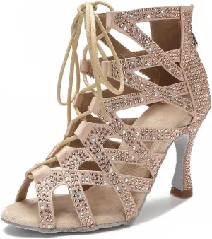SWDZM Latin Rhinestone Ballroom Dance Shoes Women Salsa Performance Ankle Dance Boots