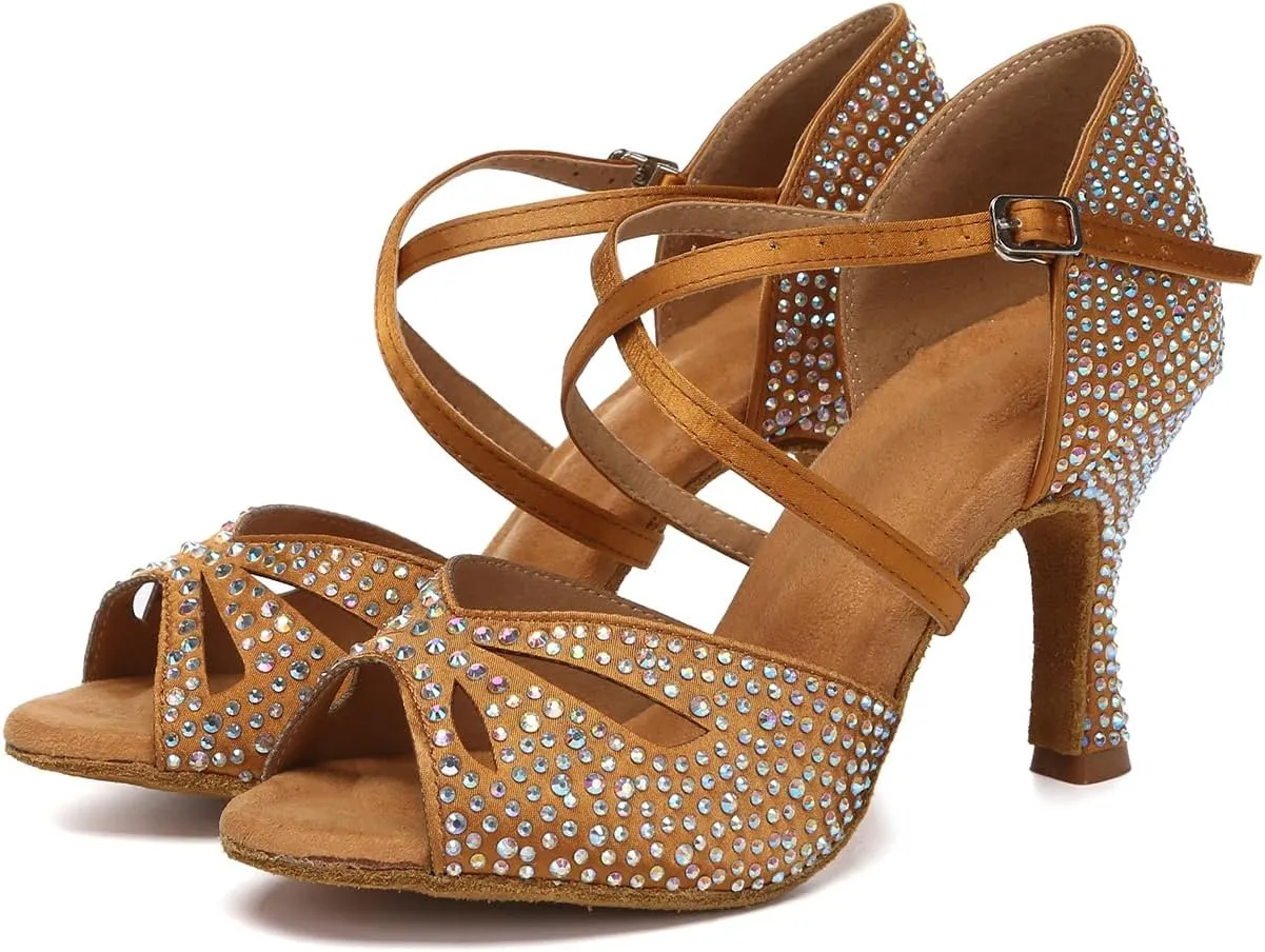 SWDZM Women Rhinestone Latin Ballroom Dance Shoes Practice Salsa Dancing Heels