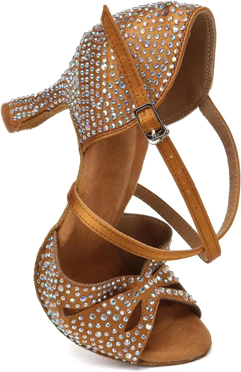 SWDZM Women Rhinestone Latin Ballroom Dance Shoes Practice Salsa Dancing Heels