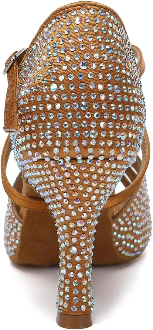SWDZM Women Rhinestone Latin Ballroom Dance Shoes Practice Salsa Dancing Heels