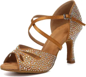 SWDZM Women Rhinestone Latin Ballroom Dance Shoes Practice Salsa Dancing Heels