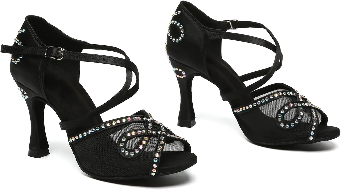 SWDZM Women's Rhinestones Latin Dance Shoes Salsa Performance Ballroom Dancing Heels