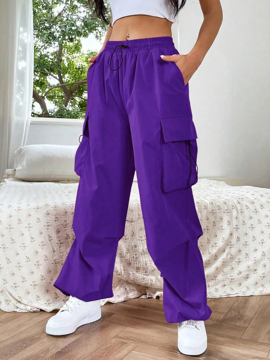SweatyRocks Women's Drawstring Elastic Waist Loose Pants Casual Flap Pocket Cargo Pants Trousers