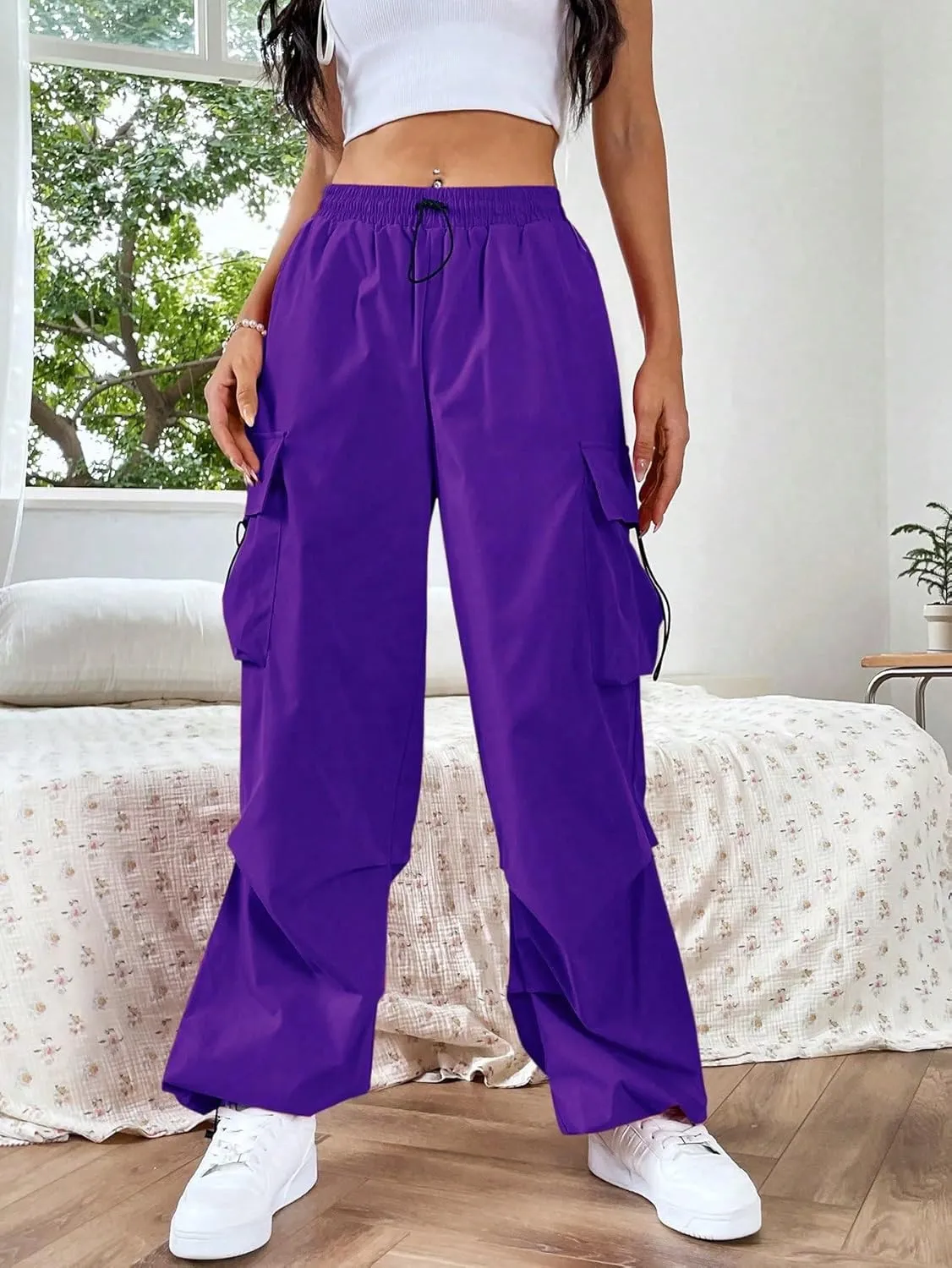 SweatyRocks Women's Drawstring Elastic Waist Loose Pants Casual Flap Pocket Cargo Pants Trousers