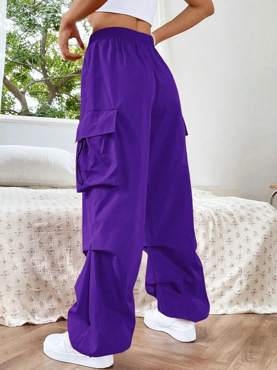 SweatyRocks Women's Drawstring Elastic Waist Loose Pants Casual Flap Pocket Cargo Pants Trousers