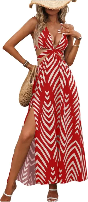 SweatyRocks Women's High Split Tie Backless Cut Out Halter Maxi Dresses Boho Vacation Long Dress