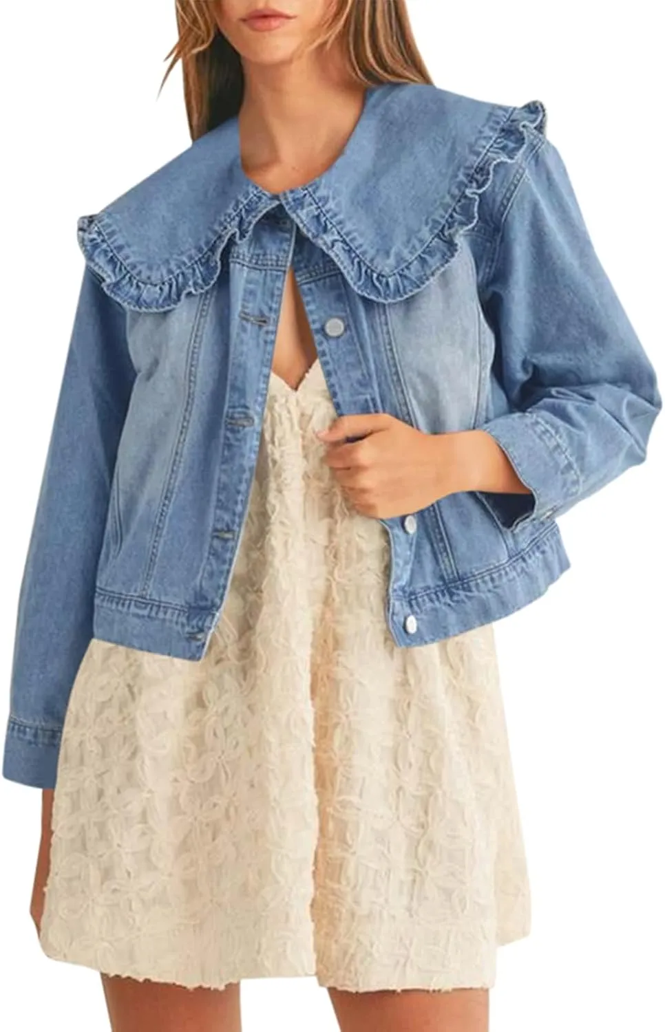 Takaneo Womens Denim Jacket Peter Pan Collar Cute Cropped Long Sleeve Shirts Jean Coat with Pockets