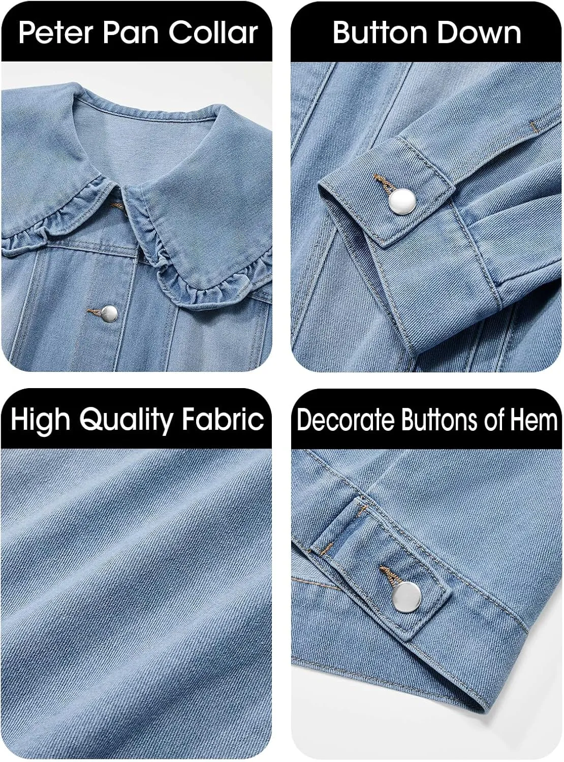 Takaneo Womens Denim Jacket Peter Pan Collar Cute Cropped Long Sleeve Shirts Jean Coat with Pockets