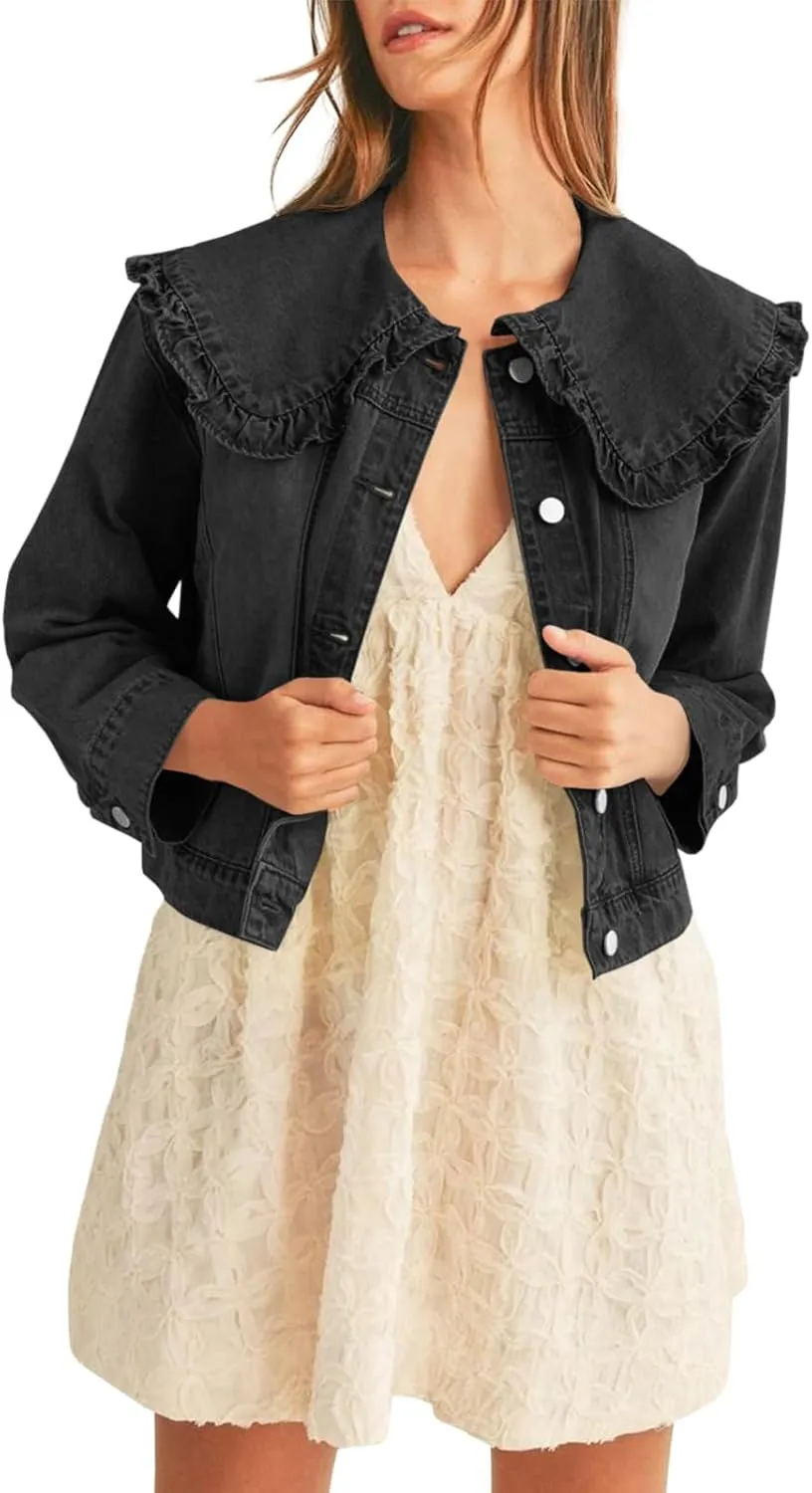 Takaneo Womens Denim Jacket Peter Pan Collar Cute Cropped Long Sleeve Shirts Jean Coat with Pockets