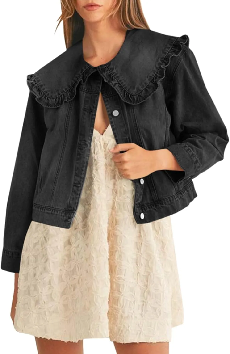 Takaneo Womens Denim Jacket Peter Pan Collar Cute Cropped Long Sleeve Shirts Jean Coat with Pockets