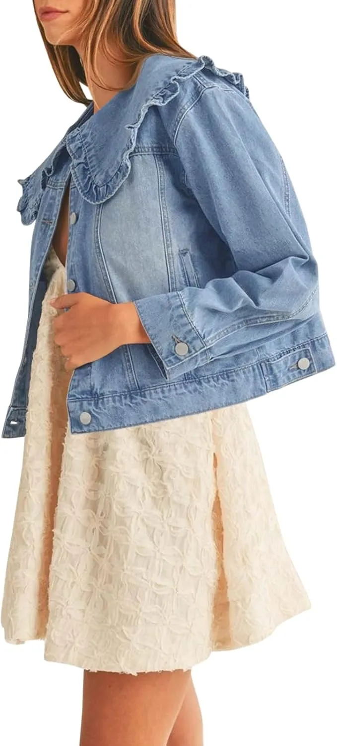 Takaneo Womens Denim Jacket Peter Pan Collar Cute Cropped Long Sleeve Shirts Jean Coat with Pockets