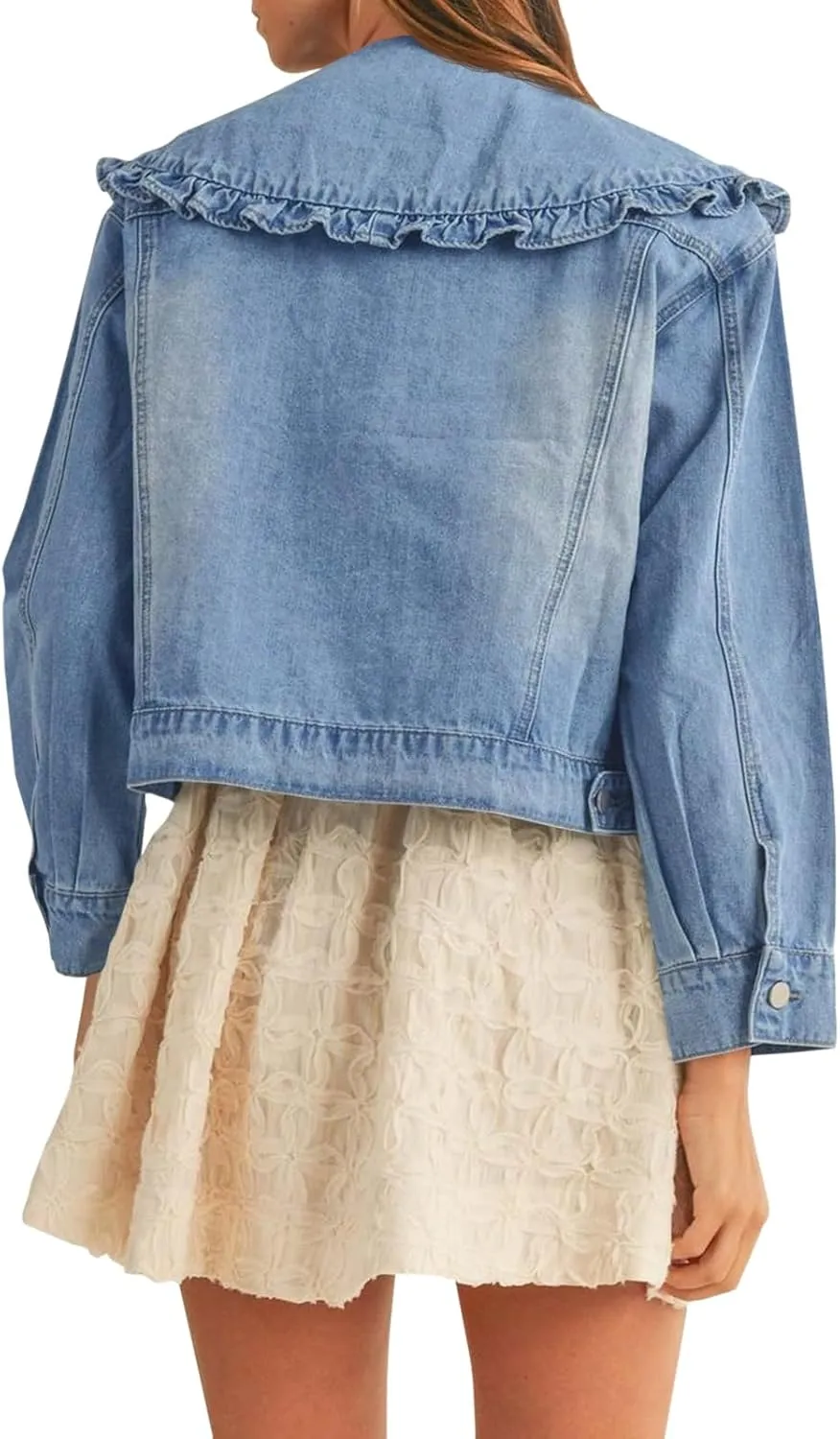 Takaneo Womens Denim Jacket Peter Pan Collar Cute Cropped Long Sleeve Shirts Jean Coat with Pockets