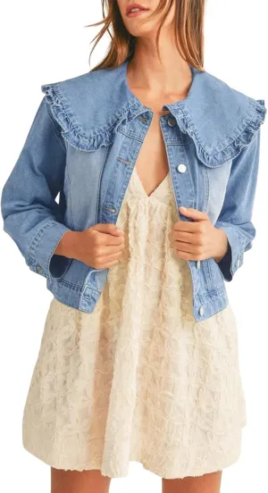 Takaneo Womens Denim Jacket Peter Pan Collar Cute Cropped Long Sleeve Shirts Jean Coat with Pockets
