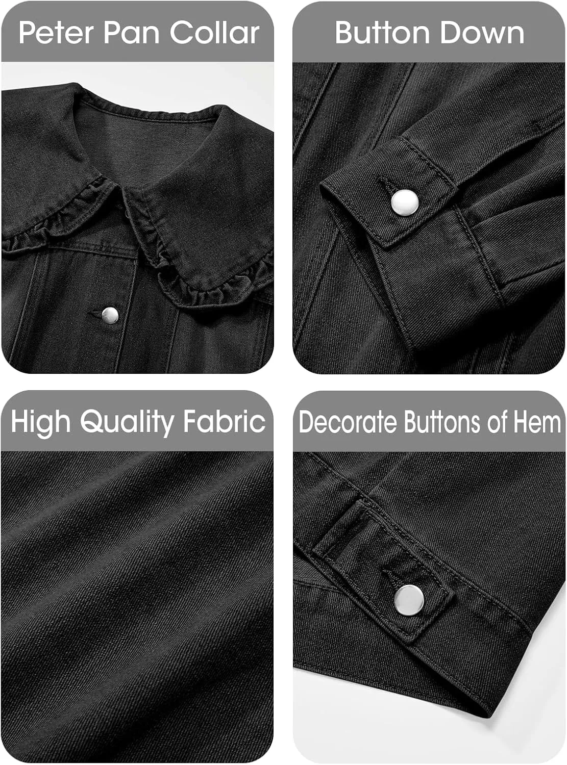 Takaneo Womens Denim Jacket Peter Pan Collar Cute Cropped Long Sleeve Shirts Jean Coat with Pockets