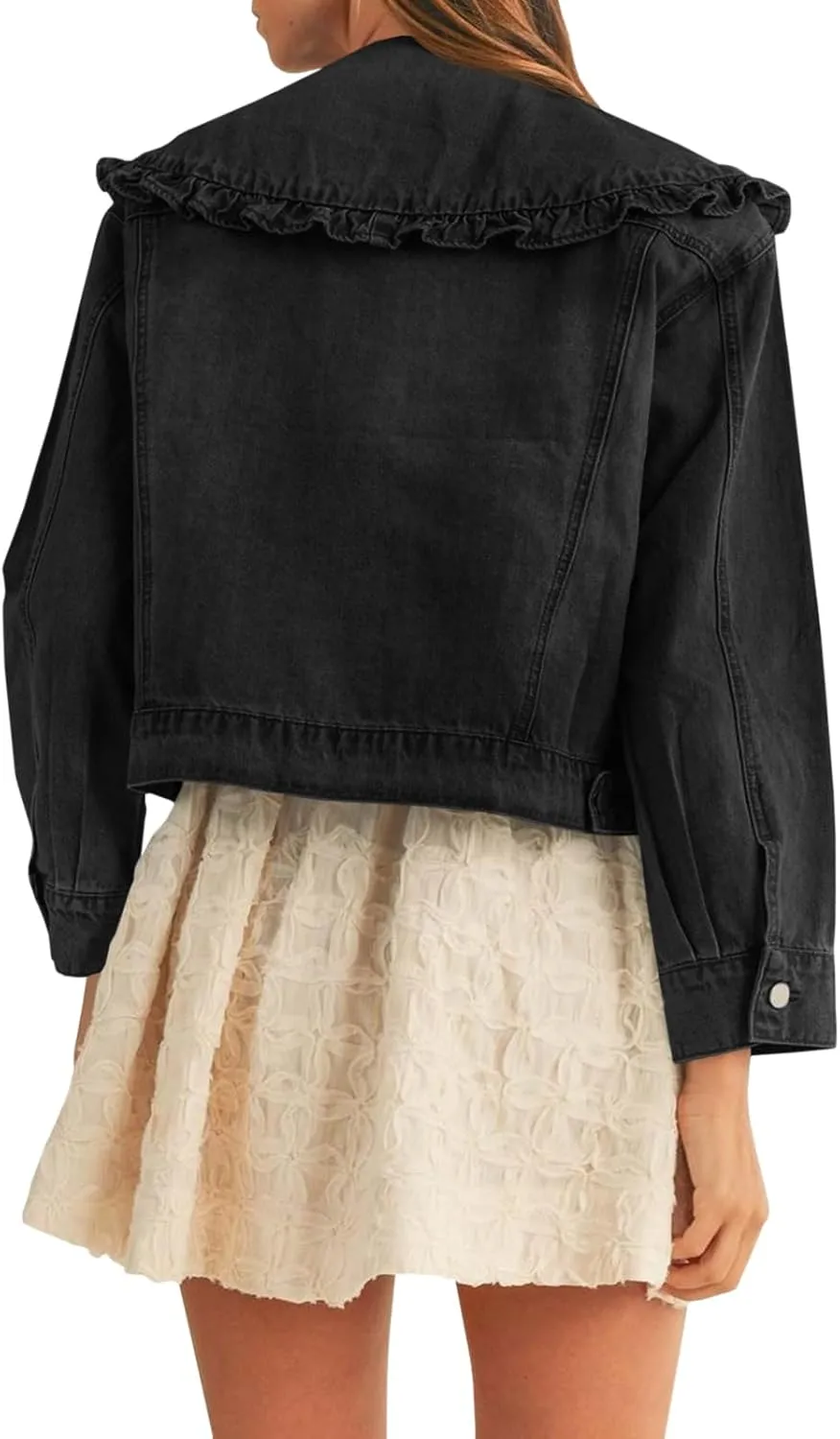 Takaneo Womens Denim Jacket Peter Pan Collar Cute Cropped Long Sleeve Shirts Jean Coat with Pockets