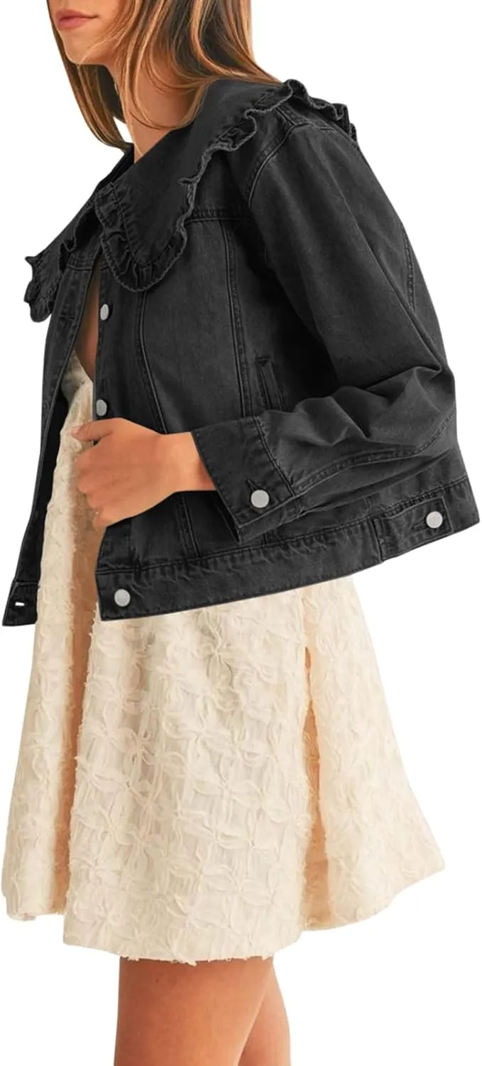 Takaneo Womens Denim Jacket Peter Pan Collar Cute Cropped Long Sleeve Shirts Jean Coat with Pockets