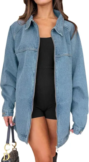 Tankaneo Womens Oversized Denim Jackets Casual Zip up Spring Long Sleeve Jean Jacket with Pocket